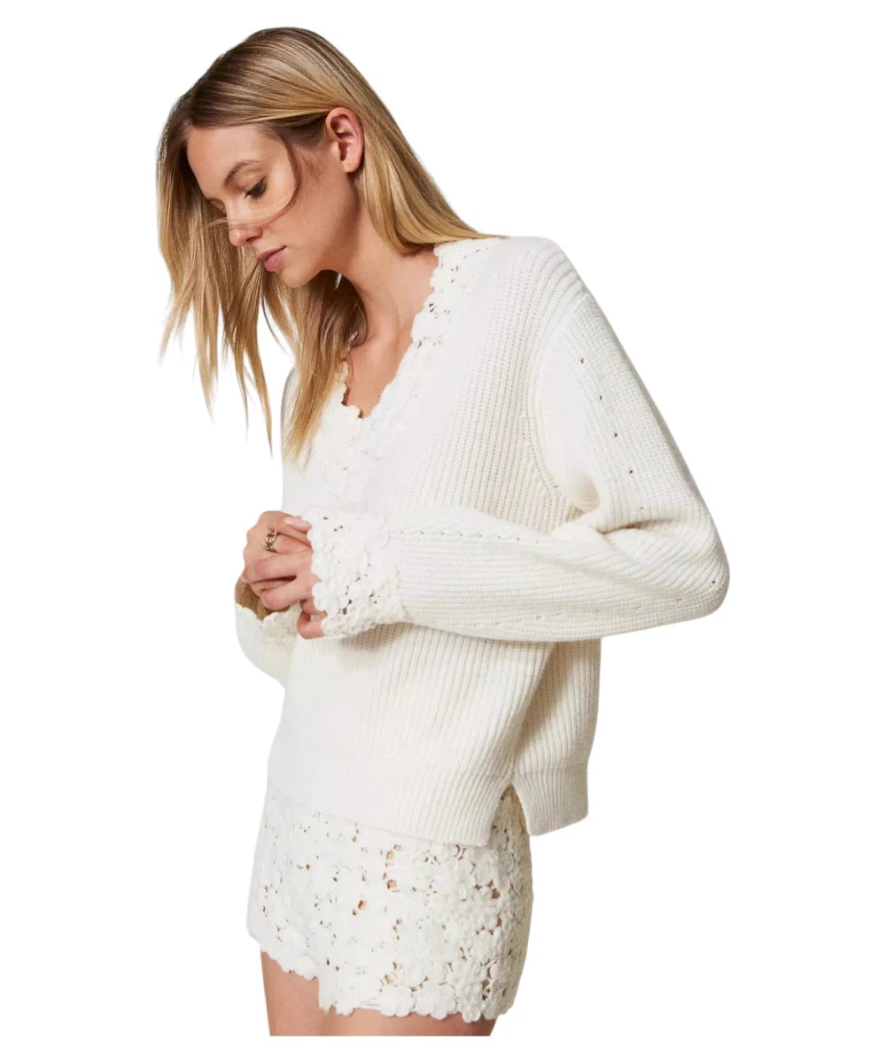 Maglia in Misto Lana con Ricamo Floreale a Crochet-Twinset-Maglieria-Vittorio Citro Boutique