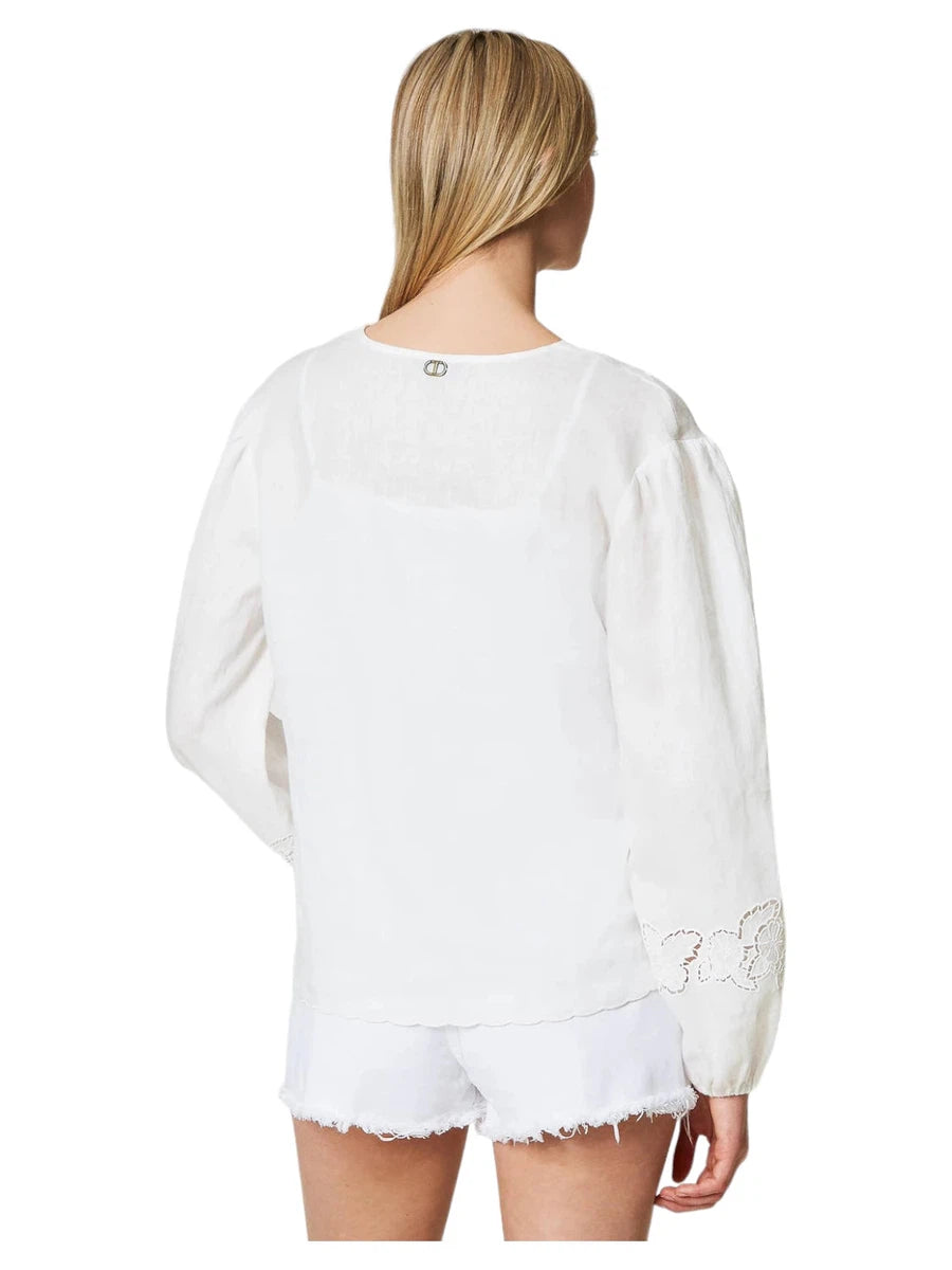 Blusa in Lino con Ricamo Sangallo-Twinset-Camicie-Vittorio Citro Boutique